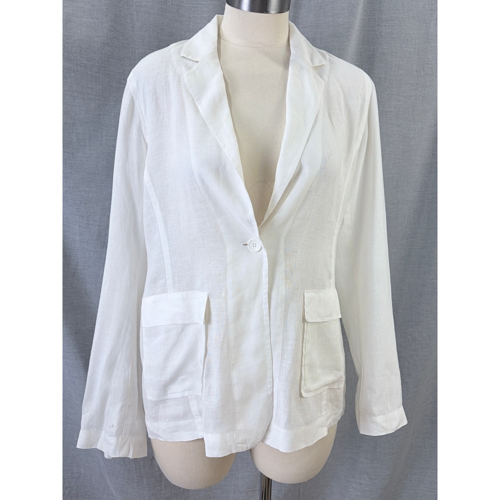 Eileen Fisher‎ Womens 100% Irish Linen Single Button Blazer Jacket White XS